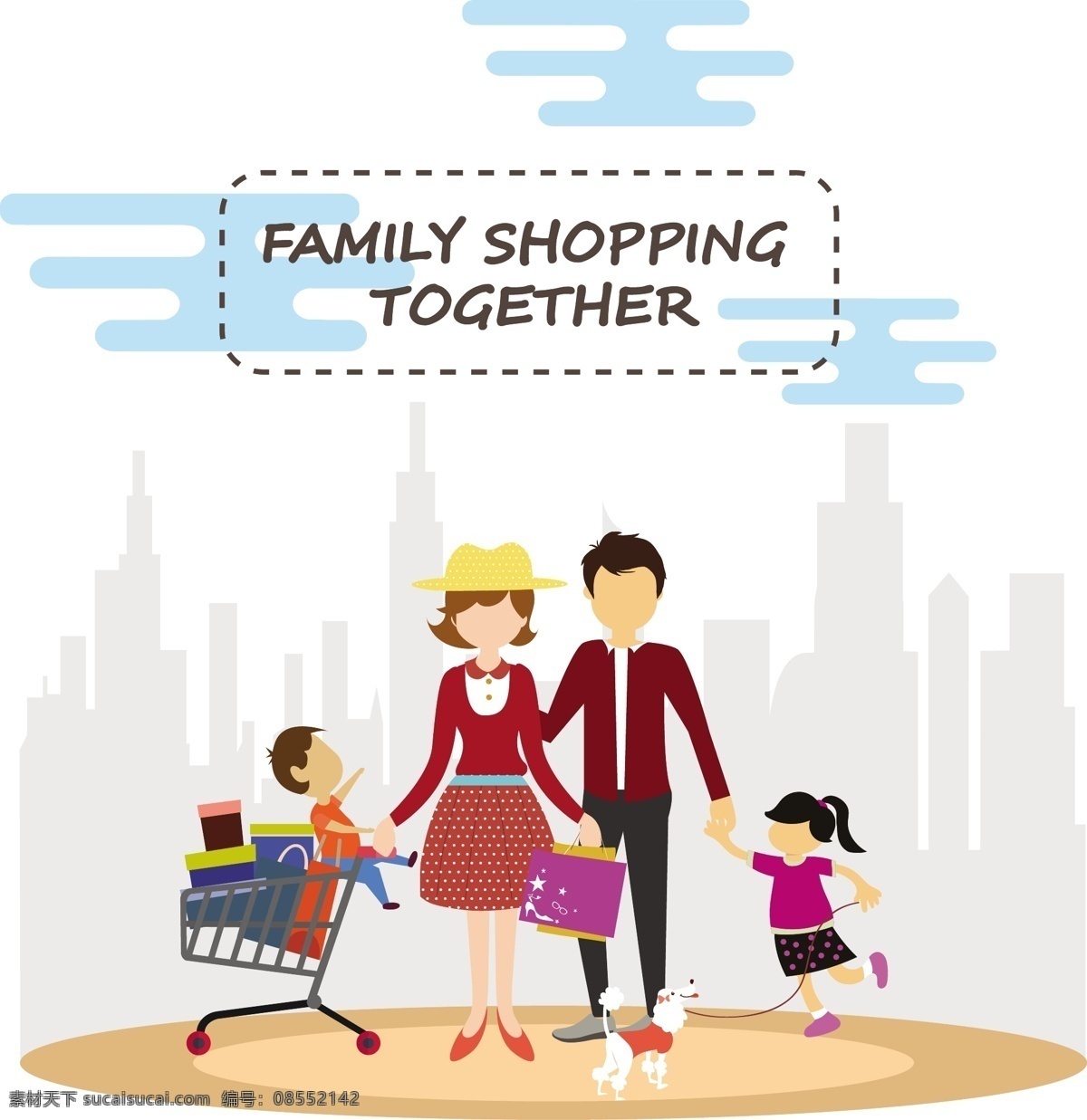 家庭购物背景 妈妈 爸爸 小孩 家庭 城市 购物 购物车 shopping 矢量背景