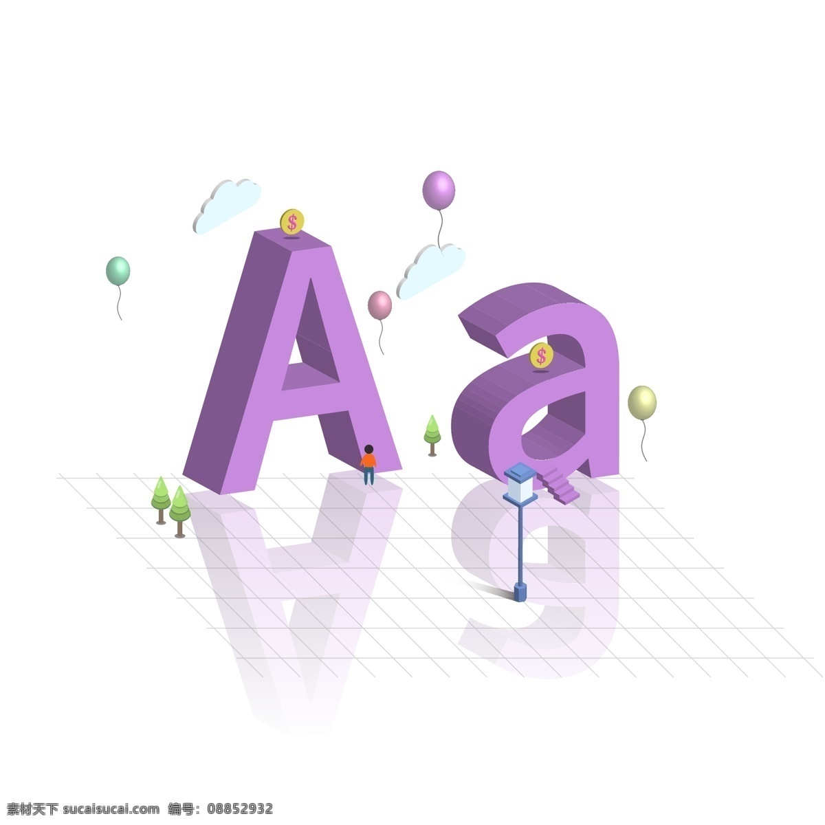 原创 d 立体 大小写 英文 字母 a 立体字 英文字母 气球 路灯 白云 2.5d 大写a 小写a 艺术字设计 倒影