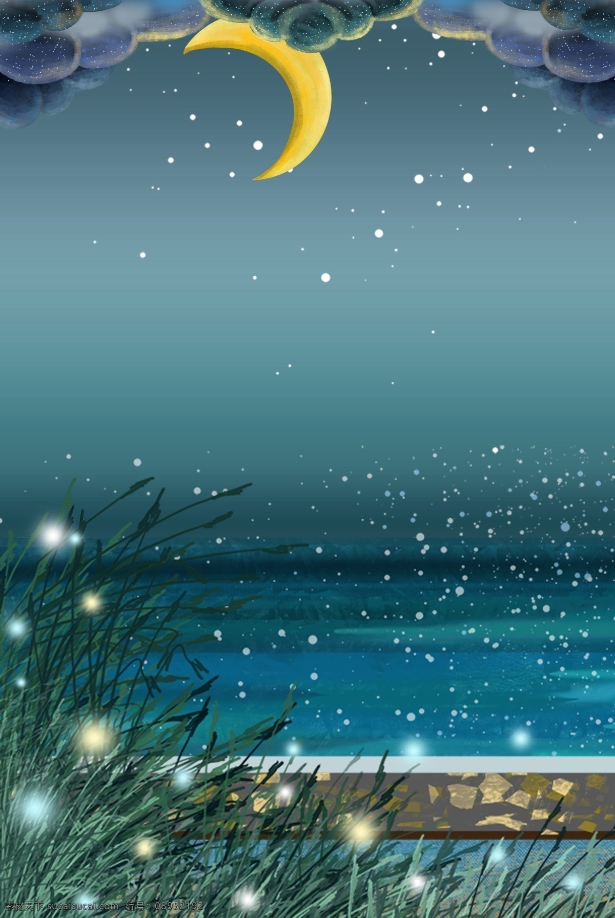 简约 夜景 手绘 边框 合成 背景 矢量 手绘边框 月亮 云 绿植 创意