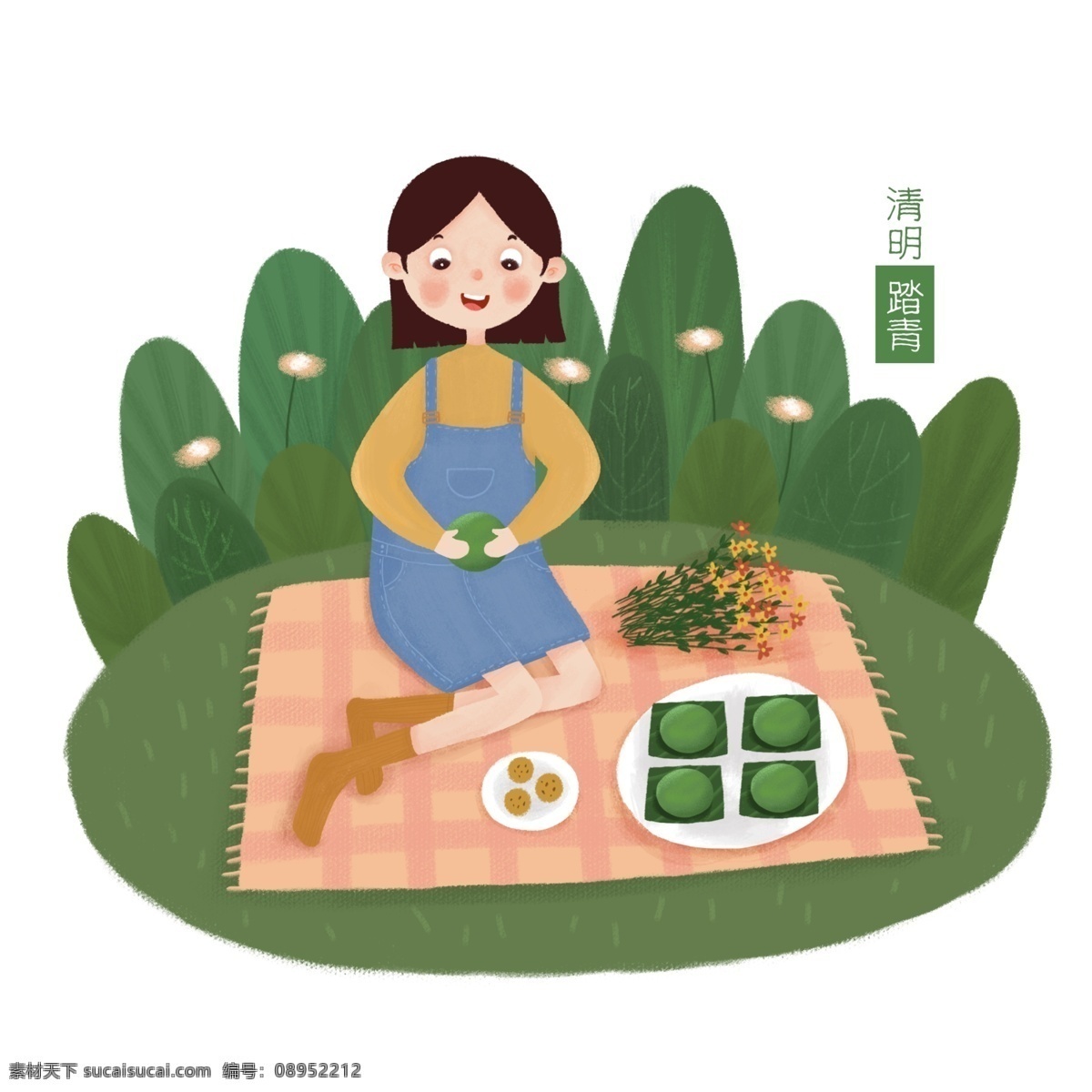 清明节 美食 青团 插画 美味的青团 卡通插画 清明节插画 清明节踏青 踏青插画 游玩插画 吃美食的女孩