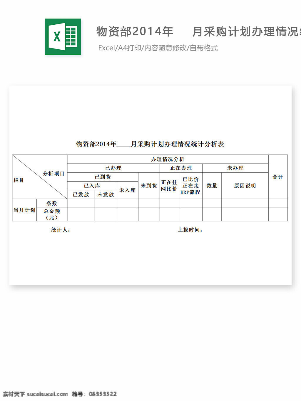采购 计划 办理 情况 统计分析 表 excel 表格 表格模板 表格设计 图表