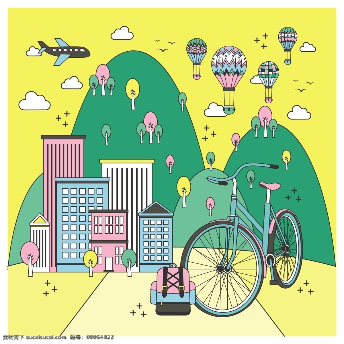 卡通 生态 城市 插画 飞机 高楼 建筑 鸟 热气球 山 生态城市 矢量图 自行车