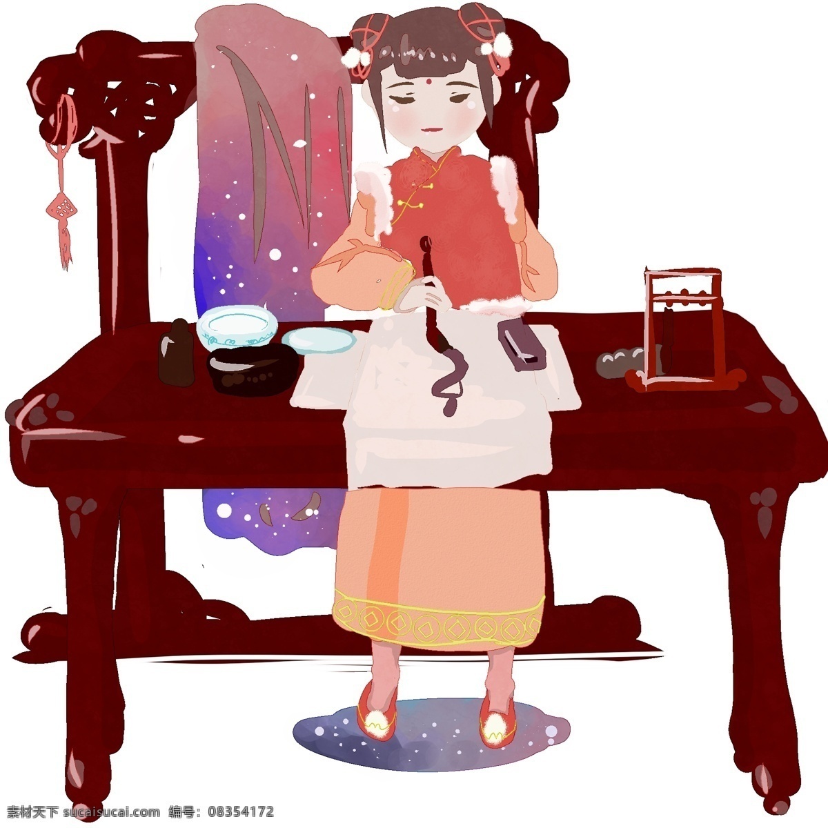 元旦 时节 写 书法 唐装 少女 拜年 节日 欢庆 团聚 家人 团圆 卡通风 传统习俗 可爱 童话风格 暖色系 插画 壁纸 装饰画