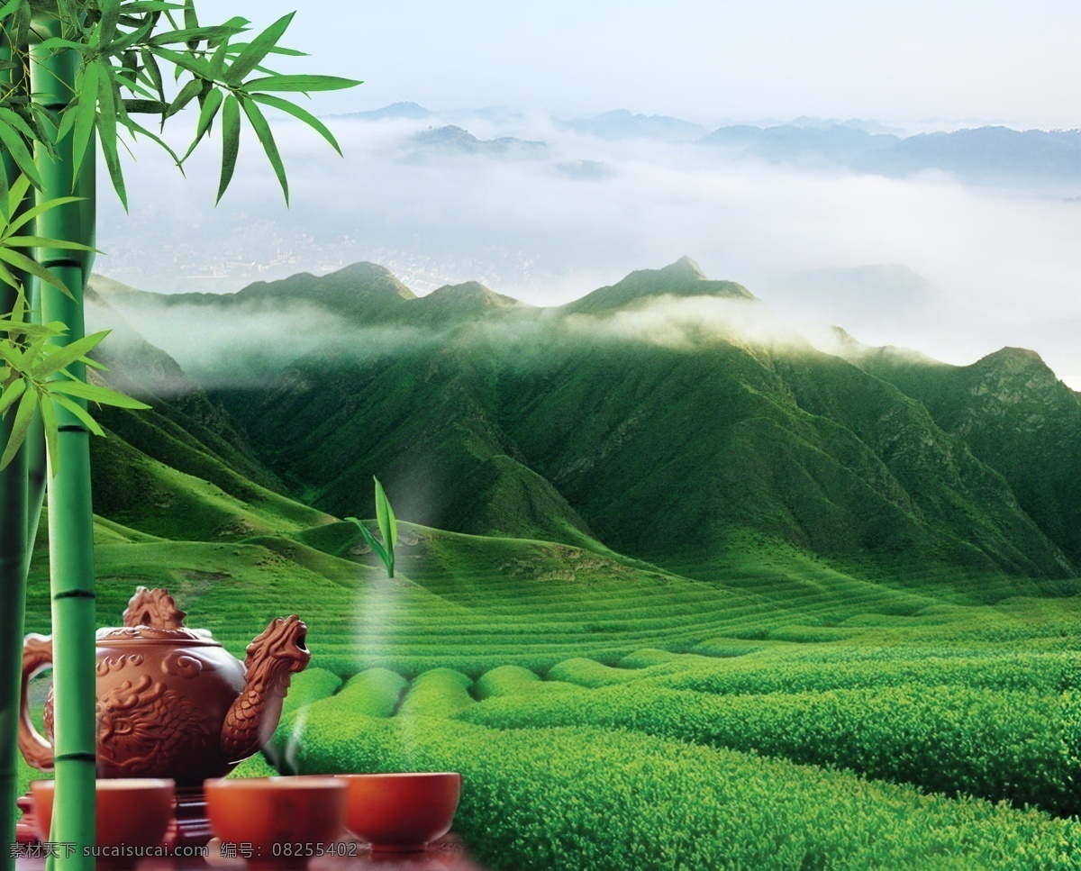 茶山 绿色背景 绿色底图 茶 茶叶 茶艺 蓝天 雾 竹子 分层 源文件