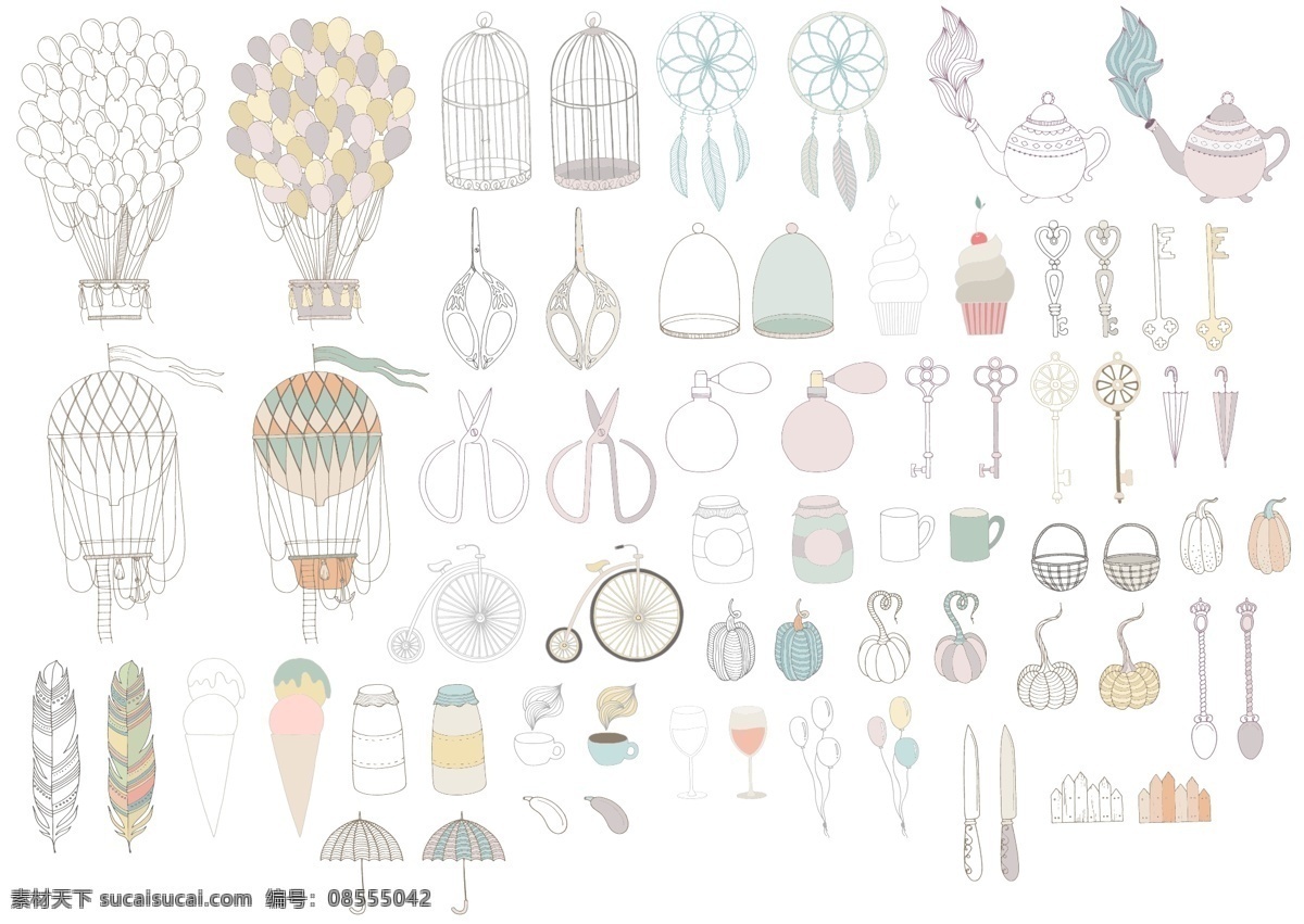 文艺 气球 植物 动物 物品 图案 矢量 合集 热气球 鸟笼 羽毛 手绘 波浪 圆点 卡通 树叶 装饰 背景