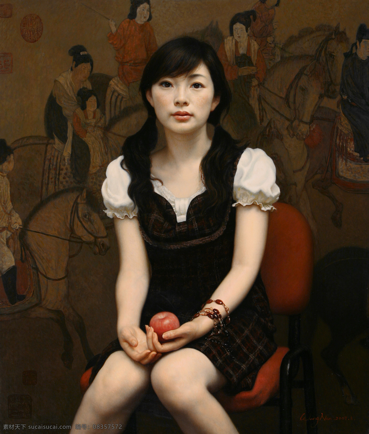 手 苹果 美女 肖像画 中国画 美女油画肖像 人物肖像画 东方女性 油画 写生 人物油画写生 油画艺术 绘画艺术 书画文字 文化艺术