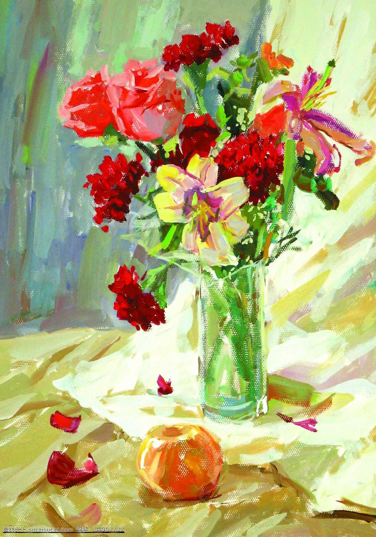 静物鲜花 美术 水粉画 静物画 花朵 鲜花 花瓶 水果 绘画书法 文化艺术