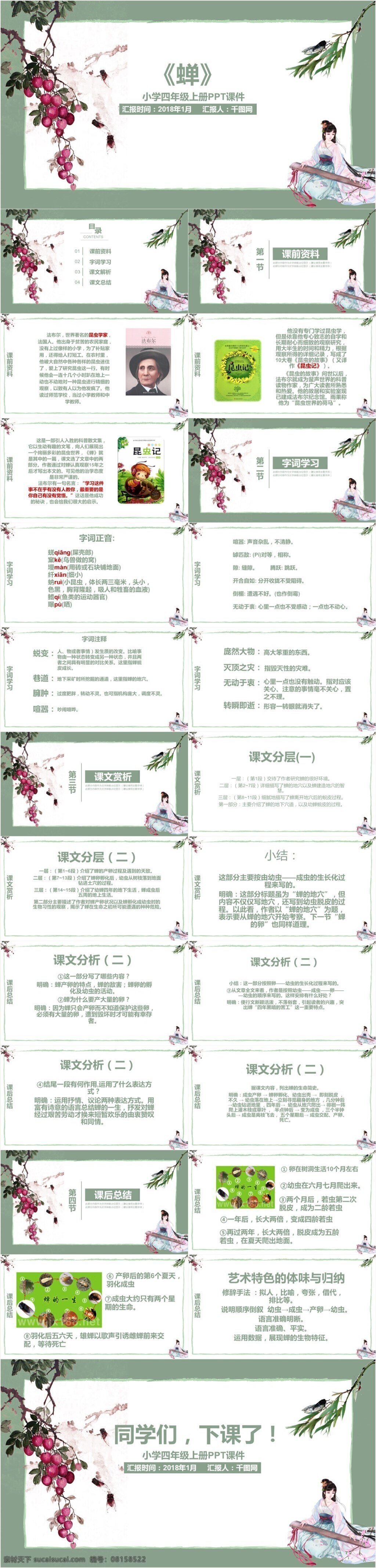 小学 四 年级 上册 课件 蝉 模板 ppt模板 大气 简约 培训课件 商务 中国风