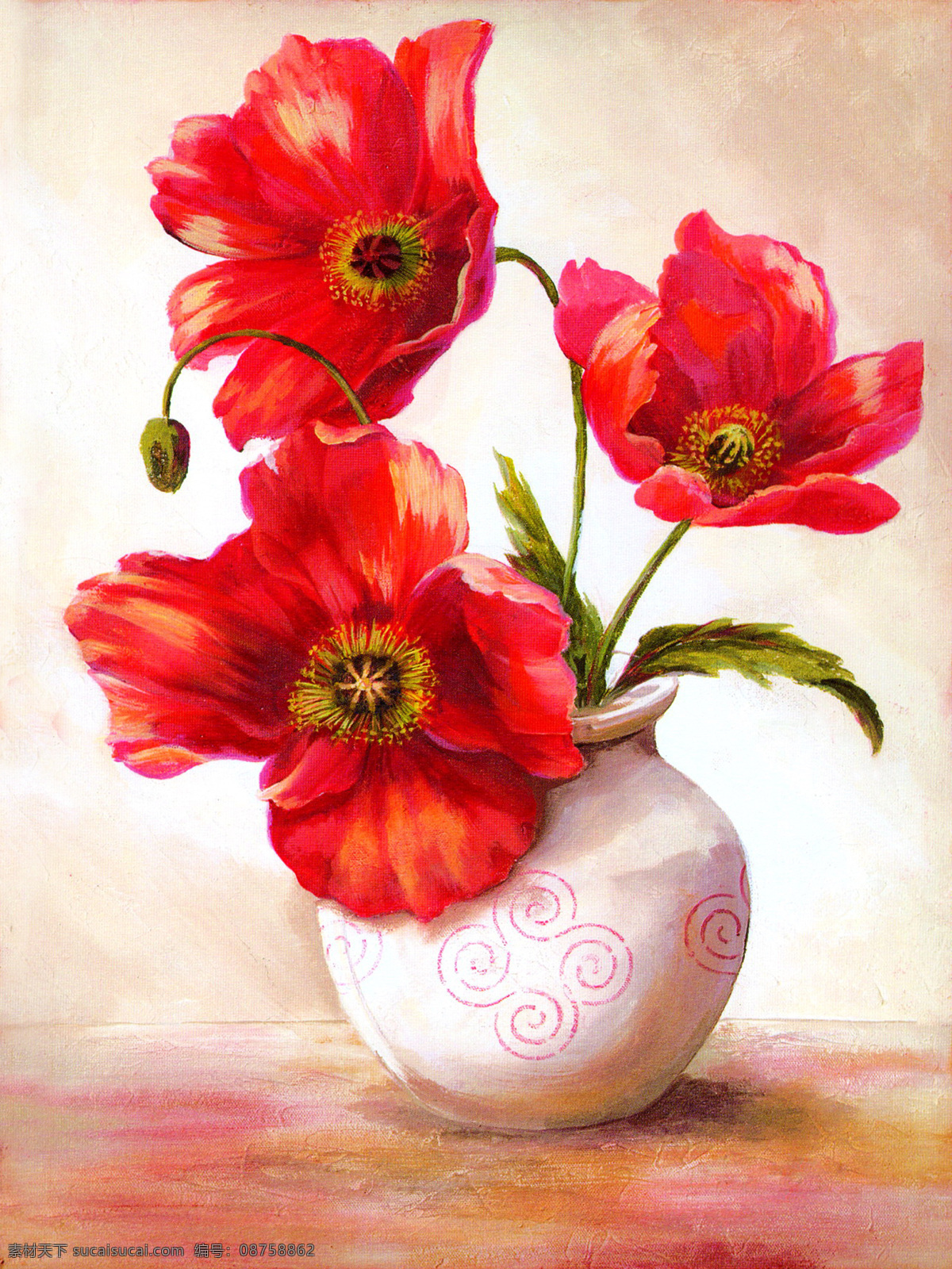 罂粟花 装饰画 红色 花瓶 油画 装饰素材 室内装饰用图
