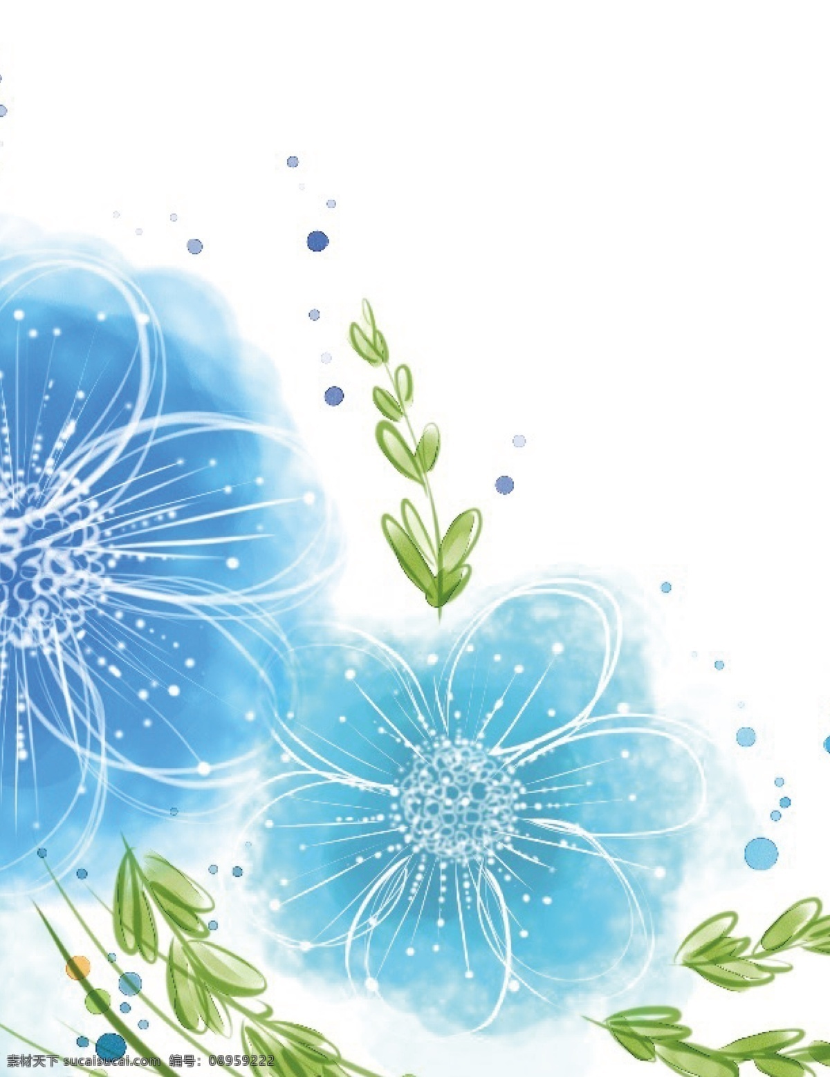 清新 蓝色 花朵 矢量 背景 白色 简约 绿叶 文艺 小清新