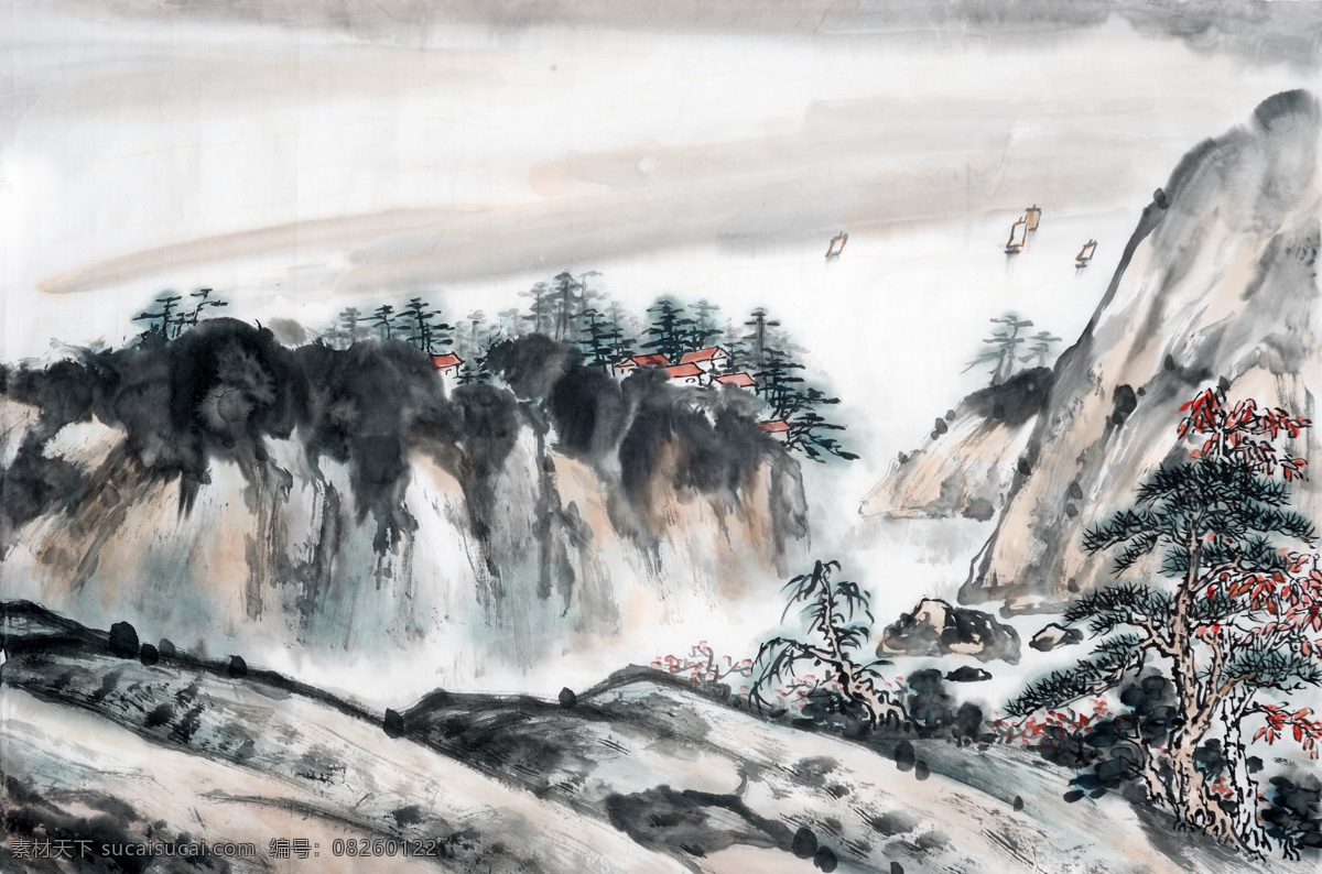 船 国画 绘画书法 毛笔画 山脉 山水 水墨 设计素材 模板下载 水墨国画 水墨画 松树 文化艺术