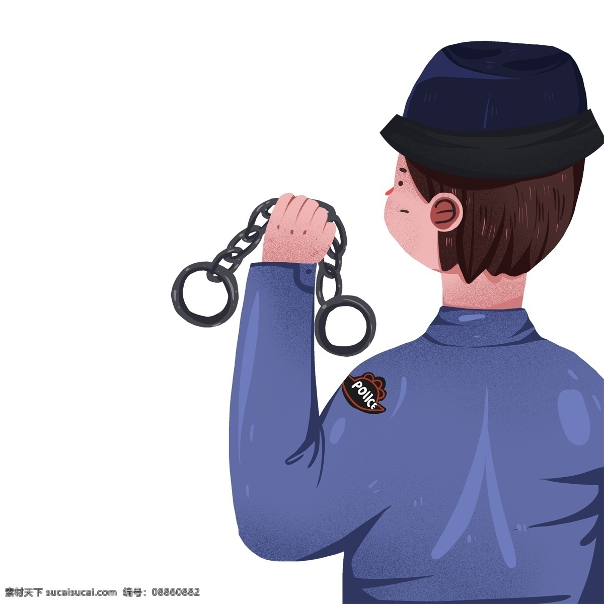 手绘 卡通 手铐 警察 人物 背影 插画