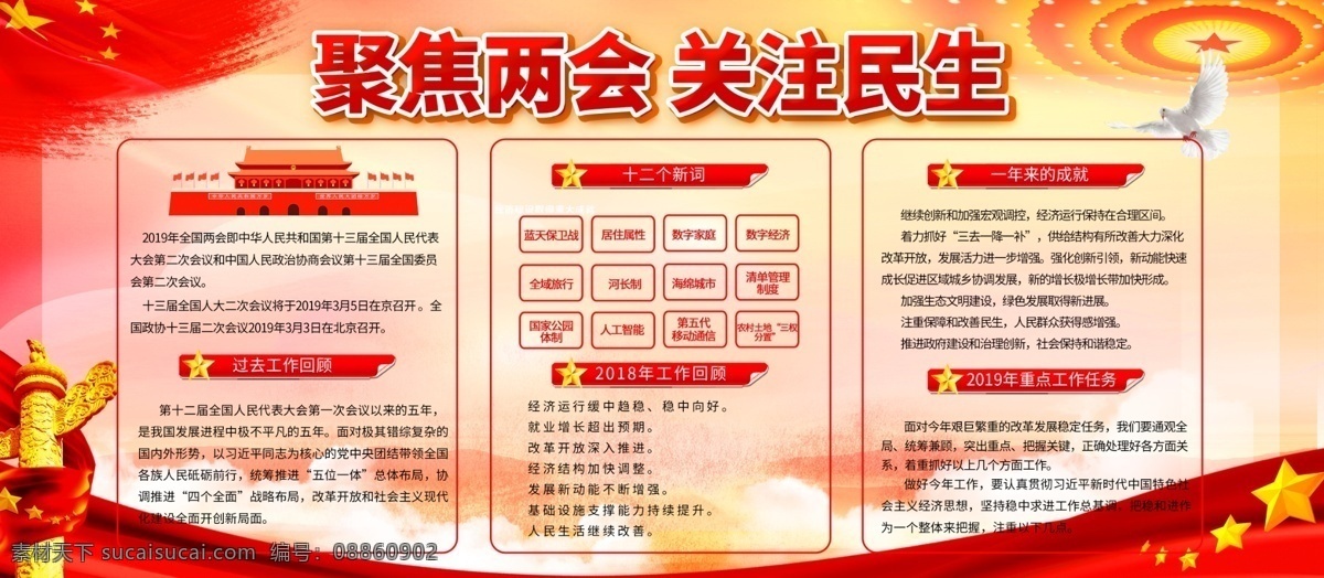 简约 2019 年 聚焦两会 关注 民生 党建 展板 2019两会 全国两会 党建主题 关注民生 两会 两会焦点 两会看点 两会热点 两会宣传栏 两会展板