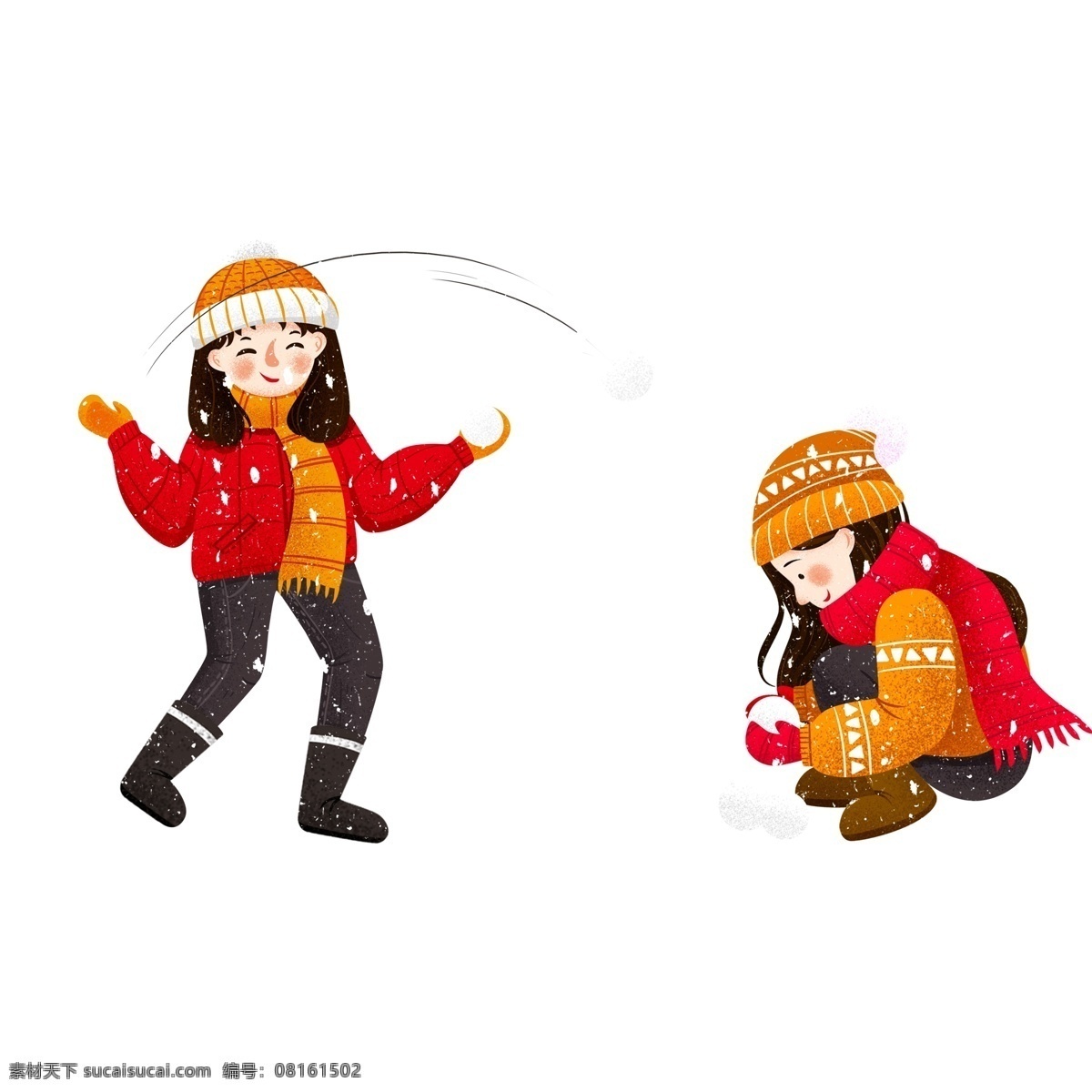 卡通 手绘 打雪仗 姐妹俩 插画 冬季 冬天 雪球 人物设计