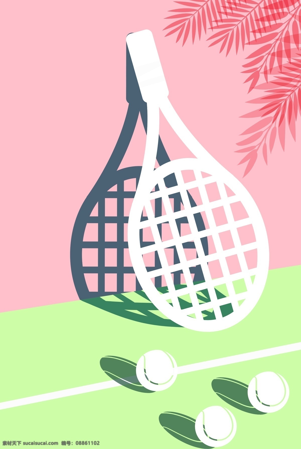 简约 风格 运动会 网球场地 海报 背景 场地 网球 球拍 叶子 小清新 体育 竞技 比赛 健身 宣传 矢量