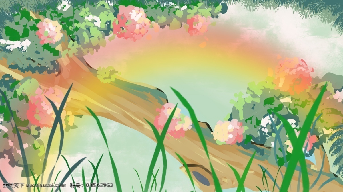 花鸟 唯美 彩绘 背景 彩虹 植物 背景素材 卡通背景 花鸟背景 插画背景 树干 广告背景 psd背景 手绘背景