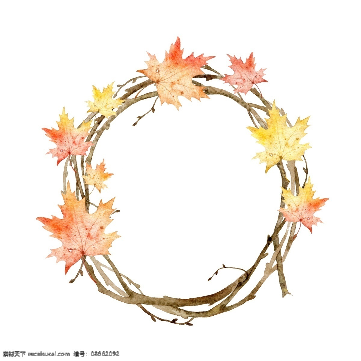 手绘 红色 枫叶 圆环 源文件 季节 植物 枝条 圆形 装饰图案