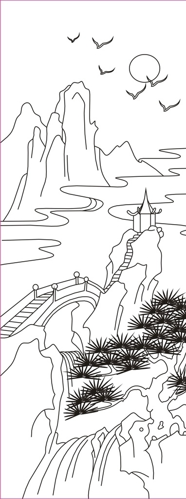 山水 树 房子 桥 海鸥 矢量图