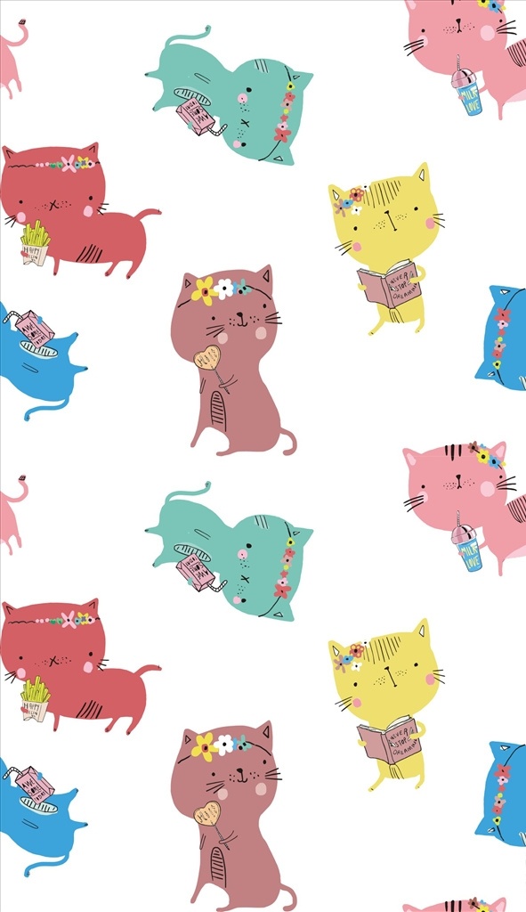 卡通 小猫 四方 连续 底纹 服装设计 男装设计 女装设计 款式设计 男装印花 服装款式画 女装印花 童装印花 潮流服装印花 潮牌设计 面料印花 布料印花 贴纸图案 童装卡通设计 卡通印花设计 卡通动物设计 手绘卡通动物 可爱卡通动物 小奶猫 猫咪 卡通猫 可爱卡通猫 宠物猫 喵星人 四方连续底纹 看书 书本 喝牛奶 精品矢量图案