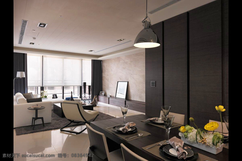 简约 餐厅 个性 吊灯 装修 效果图 灰色地板砖 灰色墙壁 桌椅