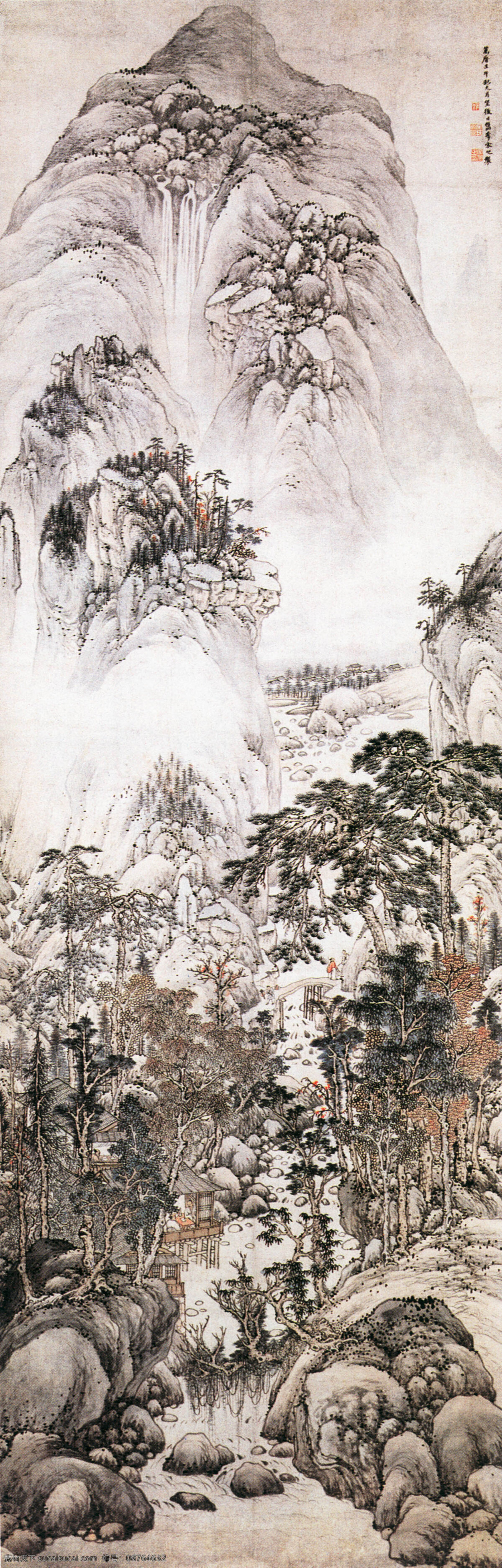 巍然屹立 古代 林间 林木 名画 山水 树林 峡谷 中国画 幽谷 装饰素材 室内装饰用图