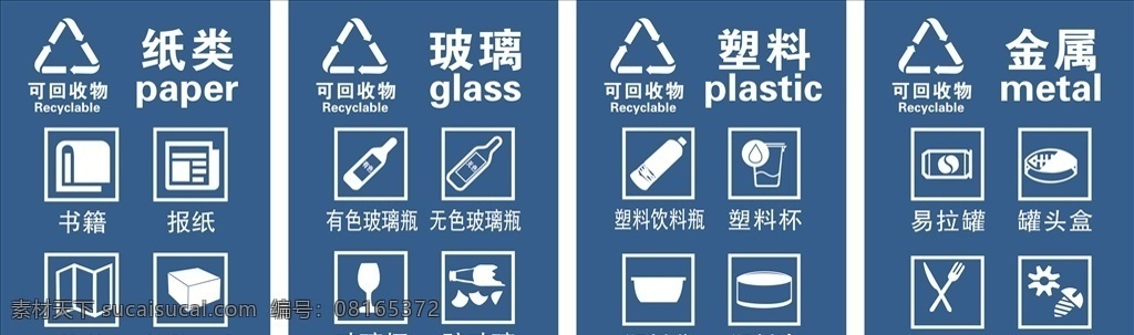 回收 物 细分 类 可回收物 纸类 玻璃 塑料 金属 标志图标 公共标识标志