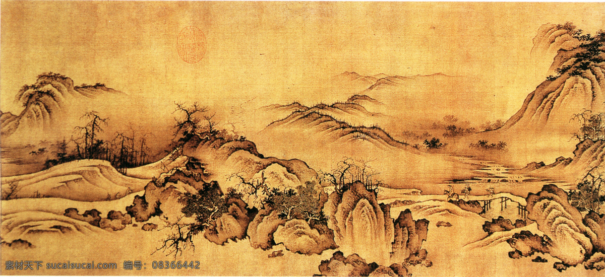 秋山萧寺图a 山水画 中国 古画 中国古画 设计素材 山水名画 古典藏画 书画美术 黄色