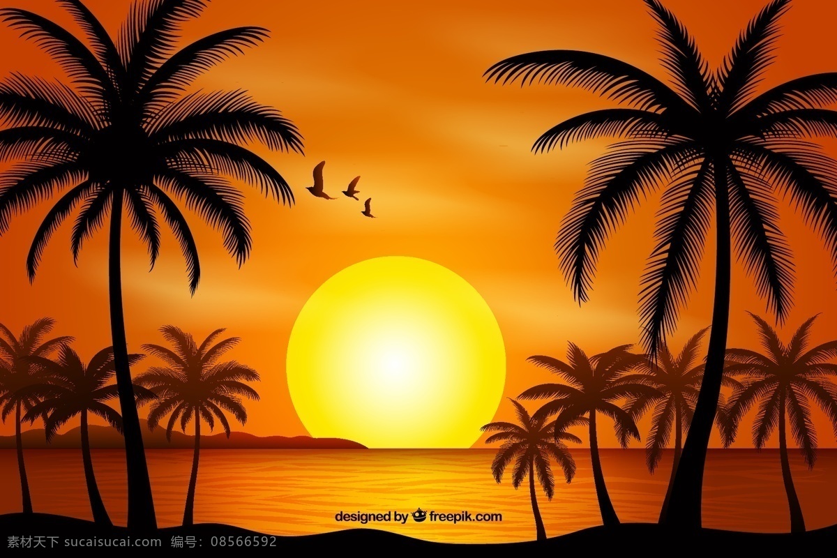 美丽 夕阳 下 大海 沙滩 风景 岛屿 椰子树 海鸥 动漫动画 风景漫画