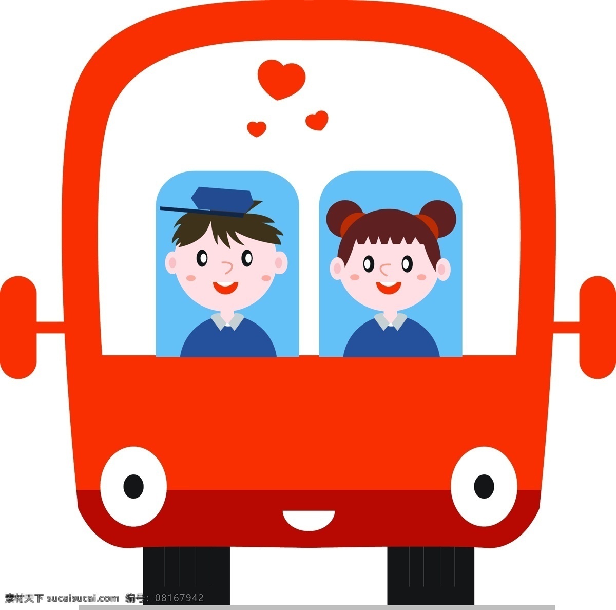 红色 校车 爱心 插画 元素 卡通 可爱 男生女生 学生 红色爱心 爱心元素