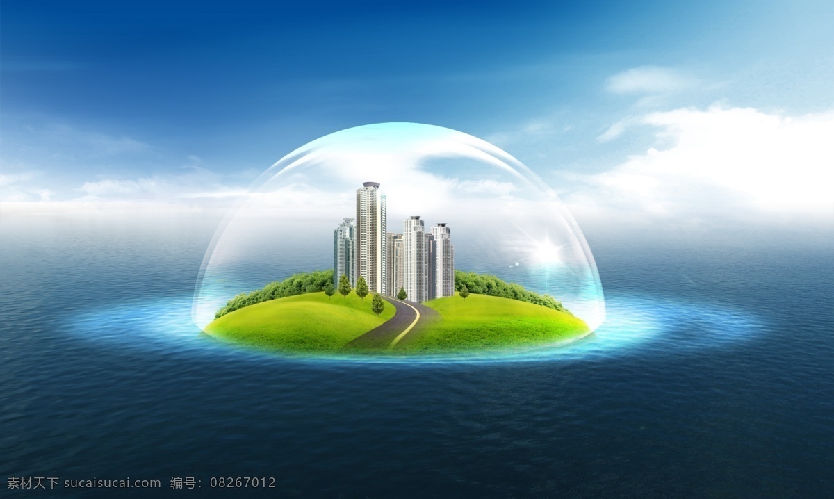 蓝色 科技 创意 海报 背景 白云 草地 建筑 科技创意 psd源文件