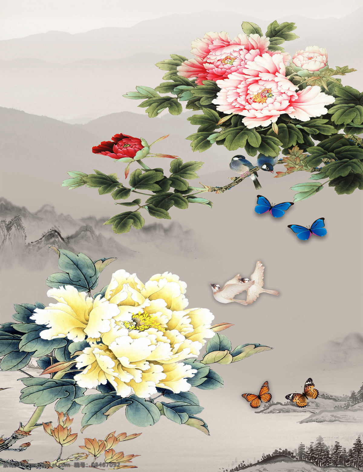 牡丹海报图片 牡丹海报 牡丹 山 水 蝴蝶