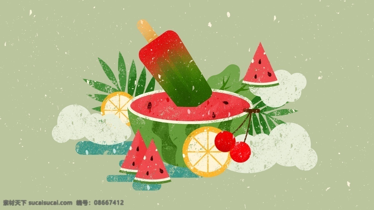 夏至 西瓜 樱桃 水果 清新 食物 插画 美食插画 肌理 夏天 手绘