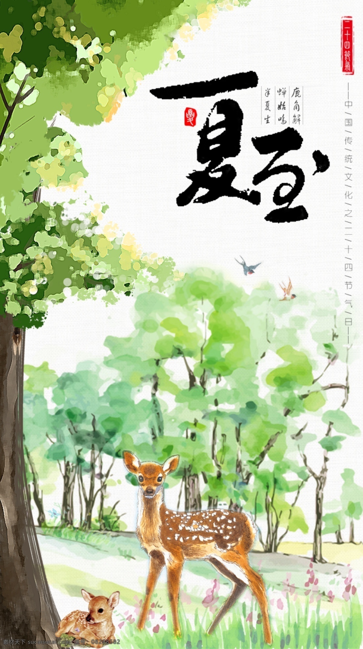 二十四节气 夏至 节日 海报 梅花鹿 鹿角解 禅鸣 半夏草