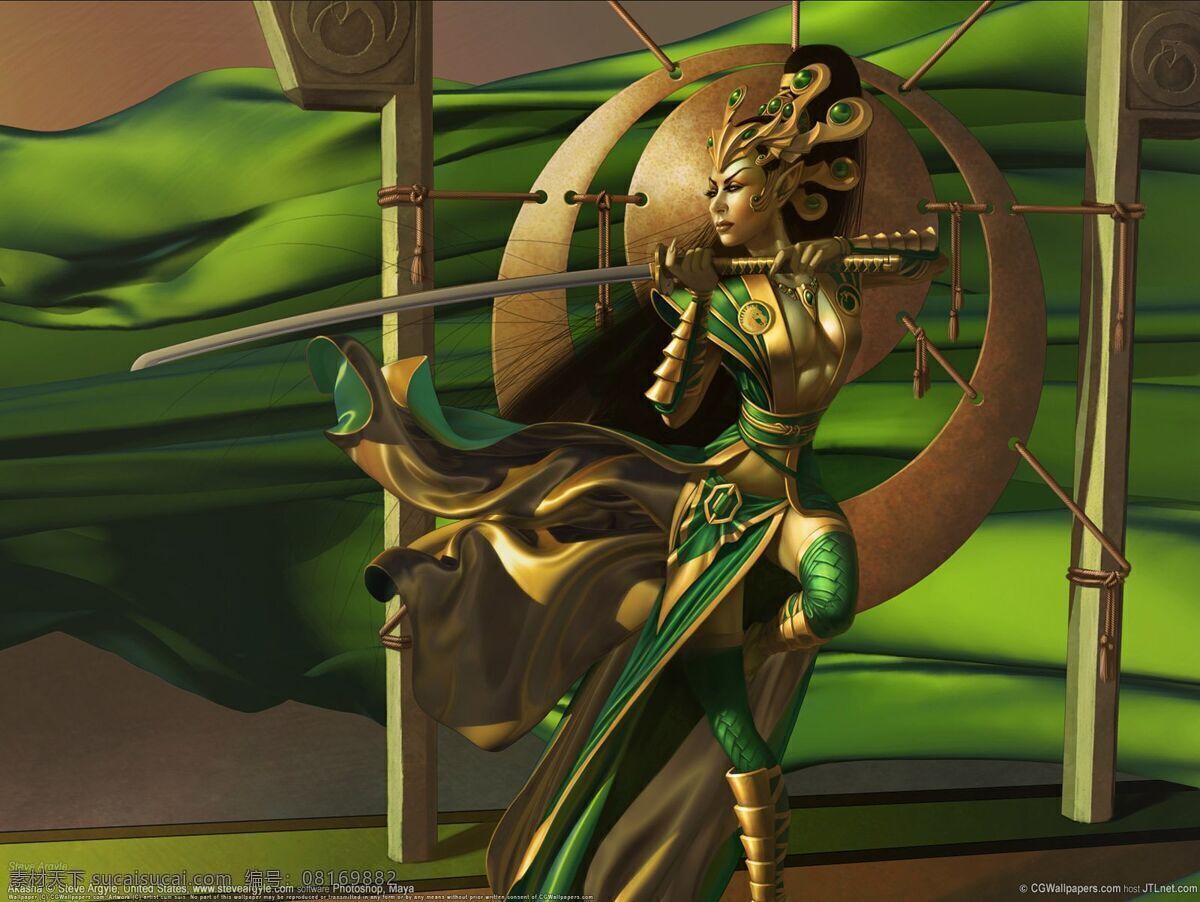 游戏美女 战士 战袍 武器 武士刀 造型设计 绿色 古典 古埃及 美女 原画 cg原画 插画 游戏人物设计 漫画游戏 动漫人物 动漫动画