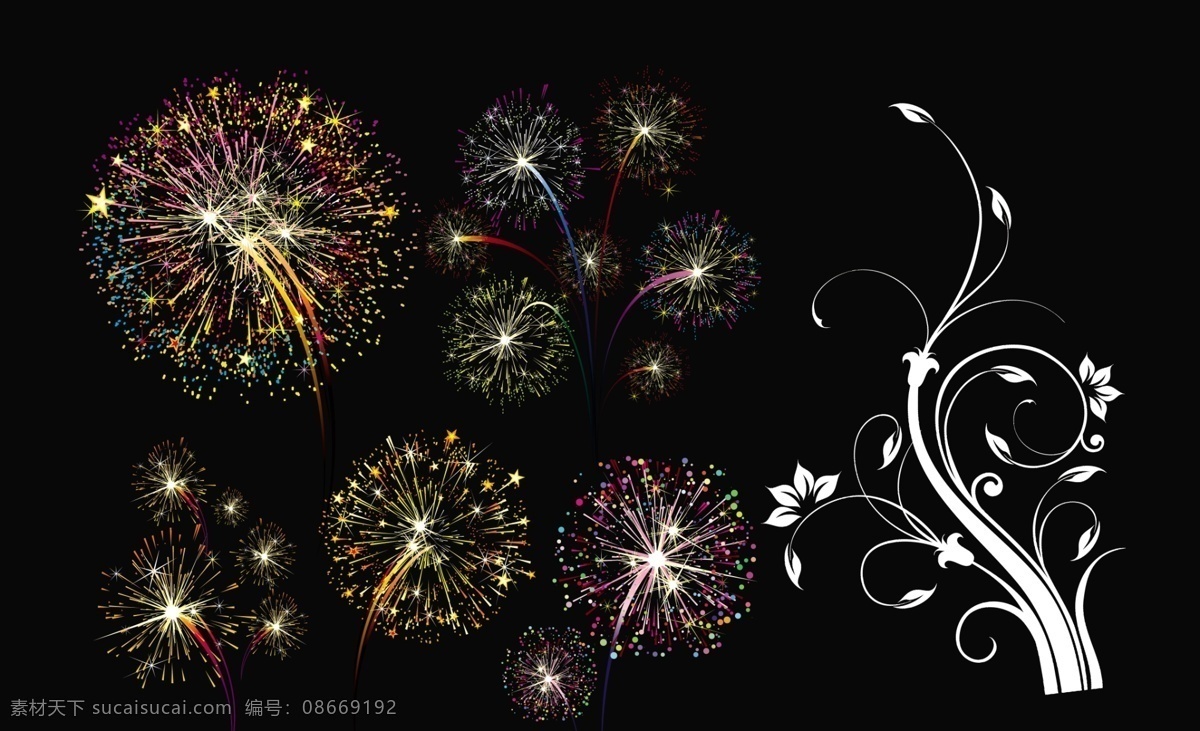 烟花 模版下载 新年烟花 节日素材 烟花素材 五颜六色 花纹 精美花纹 时尚 潮流 黑背花纹 线条 各种烟花 花纹素材 底纹边框 花边花纹