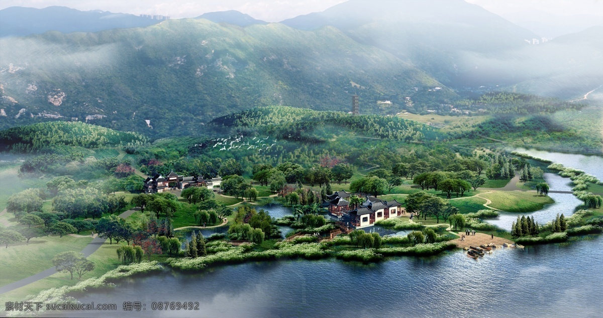 旅游区 景观 鸟瞰图 湖泊 游船 人物 溪流 飞鸟 草地 树木 山峰 房屋 建筑物 蓝色天空 景观设计 环境设计