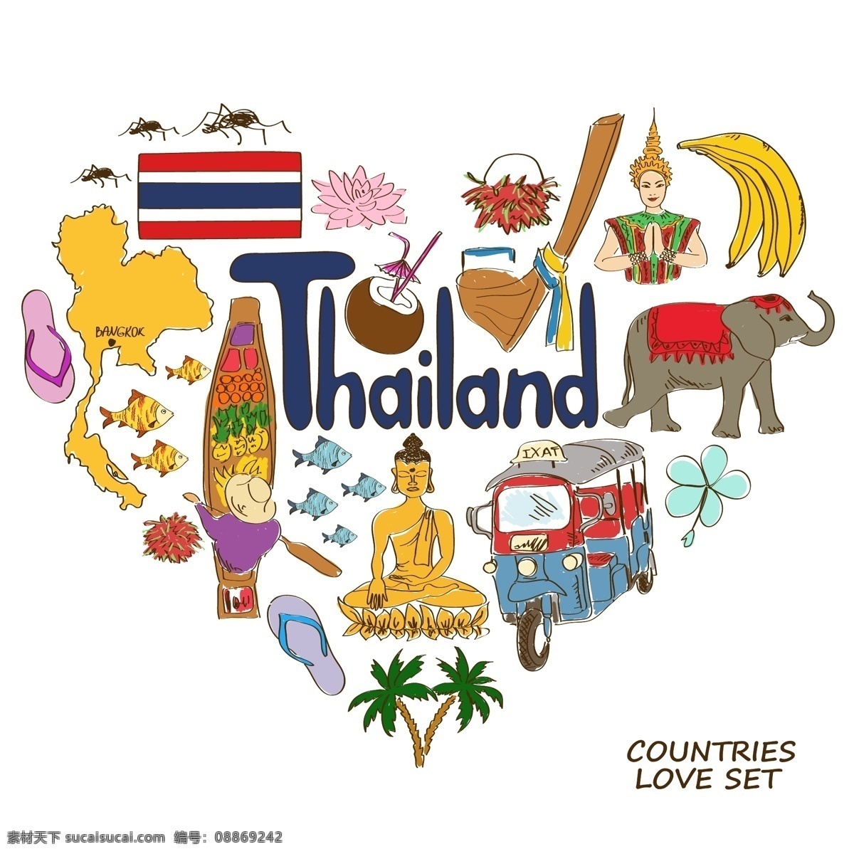 泰国 旅行 创意 元素 插画 建筑 地图 人物 特色 动物