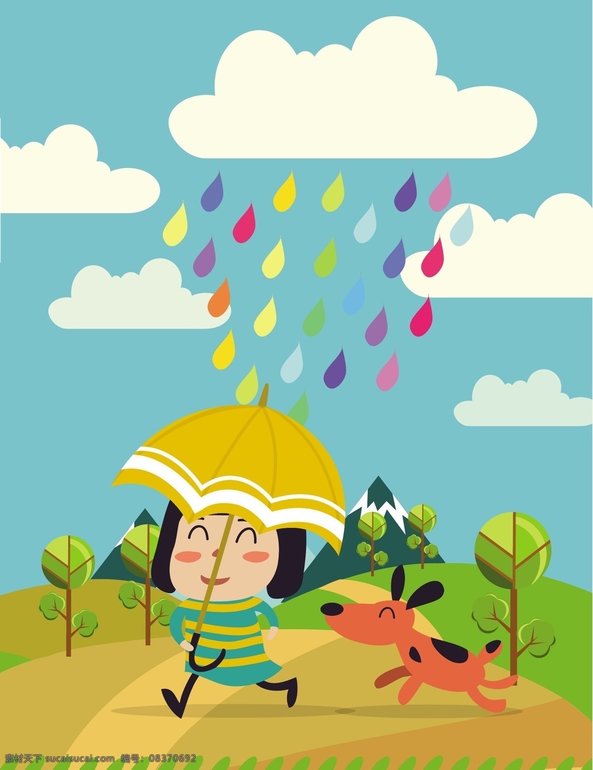 撑 雨伞 女孩 广告背景 广告 背景 背景素材 底纹背景 可爱 小狗 白云 彩色雨滴 蓝色天空 小树 草地 漂亮