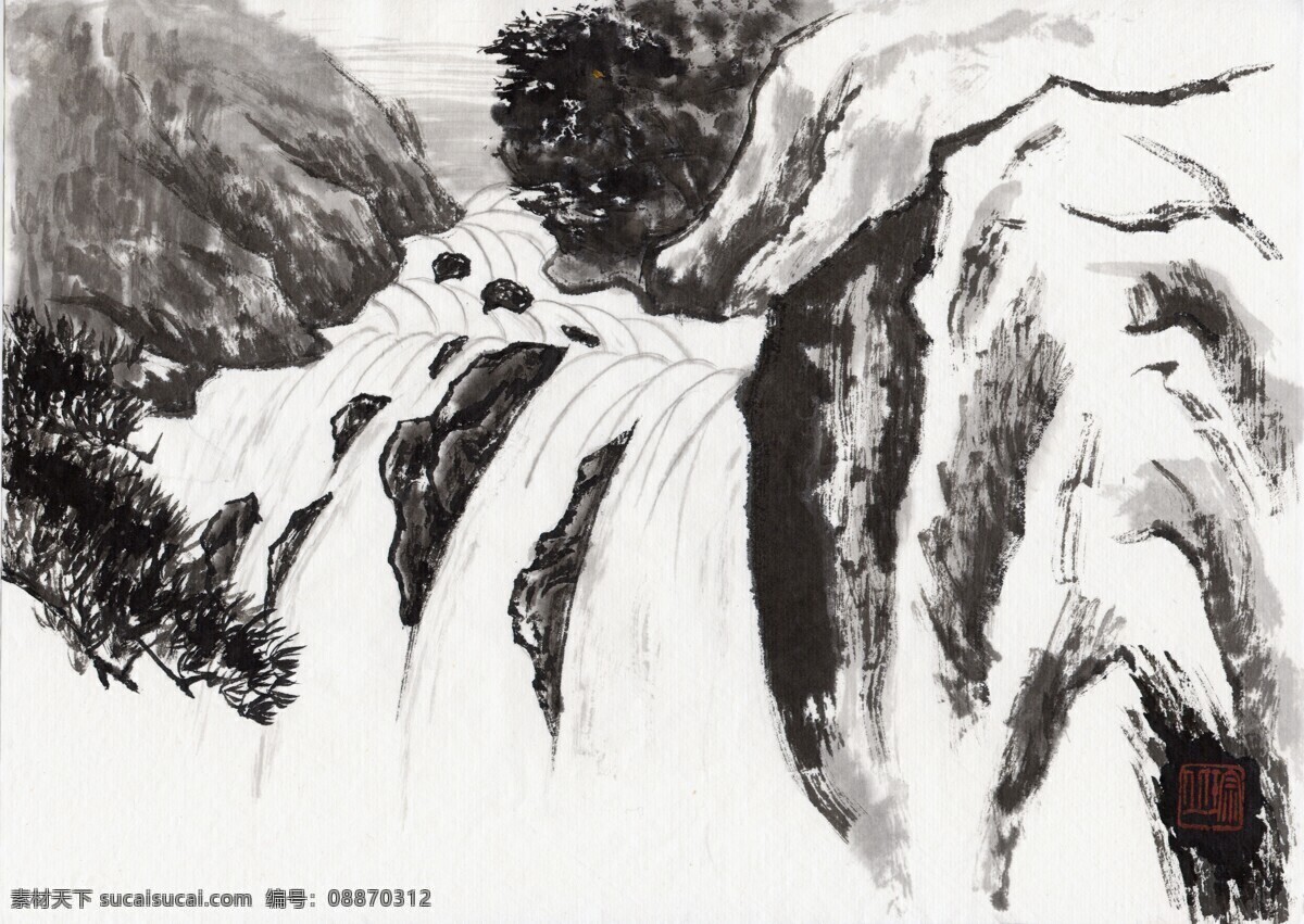 水墨 风景 山间 小溪 丹青 国画 水墨丹青 横构图 水墨画 水墨风景 树木 意境 树 流水 水 山石 巨石 溪流 瀑布 溪 山涧 涧 溪水 书画文字 文化艺术