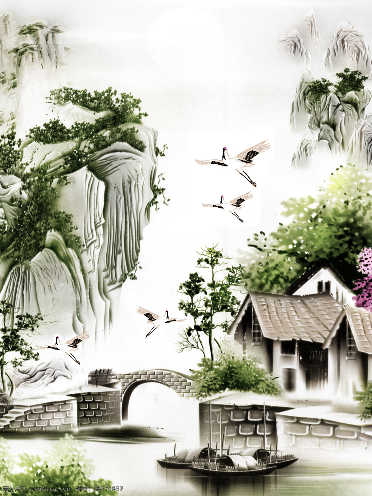 水乡 仙鹤 瓷砖 背景 墙 带路 径 中国风 中式 传统 经典 古典 背景墙 中国画 国画 电视背景墙 效果图