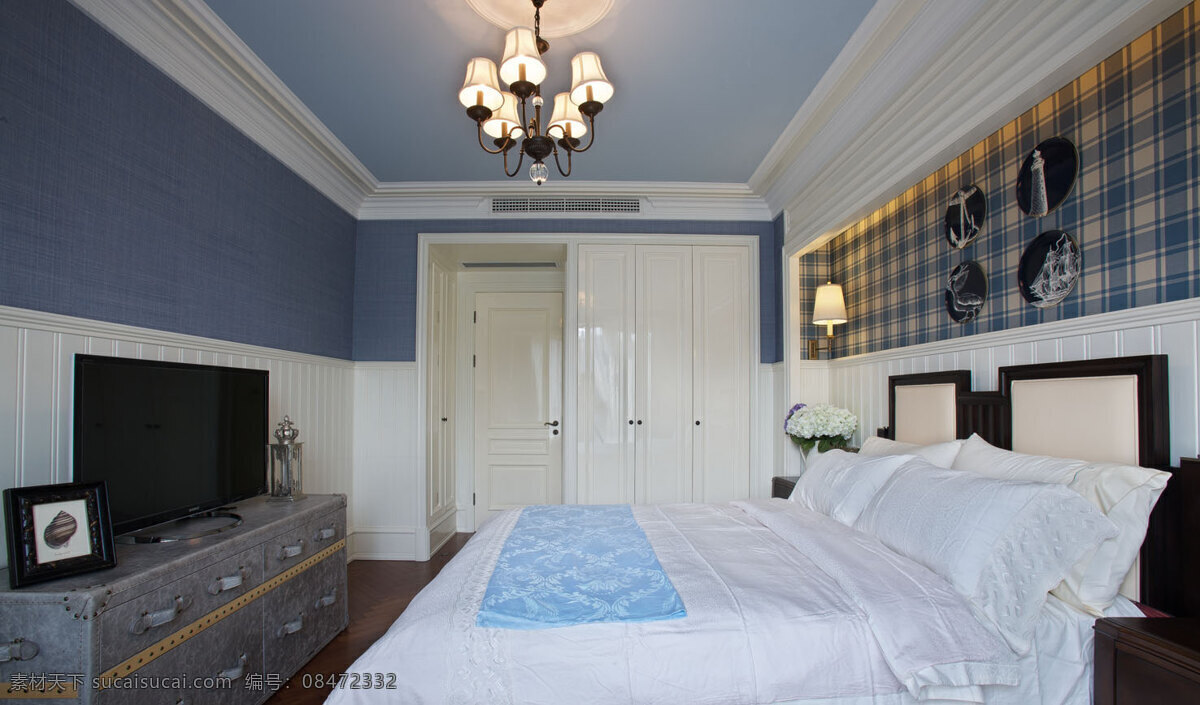 现代 清新 时尚 卧室 蓝色 格子 背景 墙 室内装修 图 吊灯 深色电视柜 卧室装修