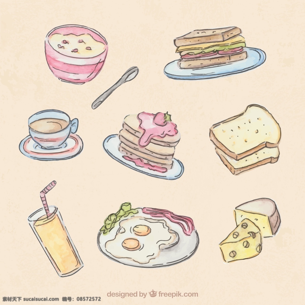 款 素色 彩绘 早餐 食物 矢量 燕麦 三明治 咖啡 三角蛋糕 面包片 橙汁 煎鸡蛋 奶酪 松饼 草莓 矢量图