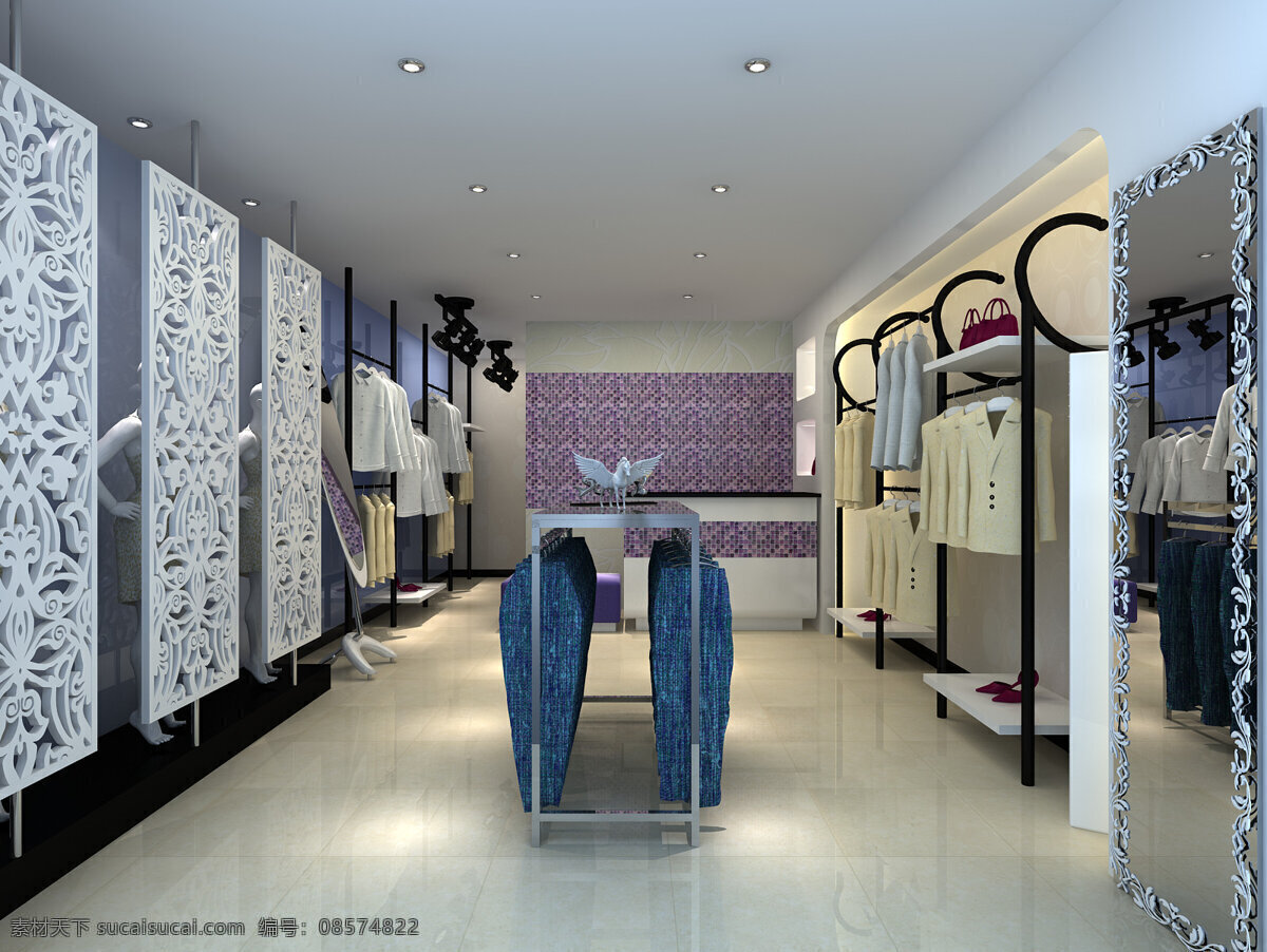 vray 背景墙 不锈钢 服装店 环境设计 裤子 模特 室内设计 效果图 白天 天光 衣服 衣架 筒灯 装饰素材
