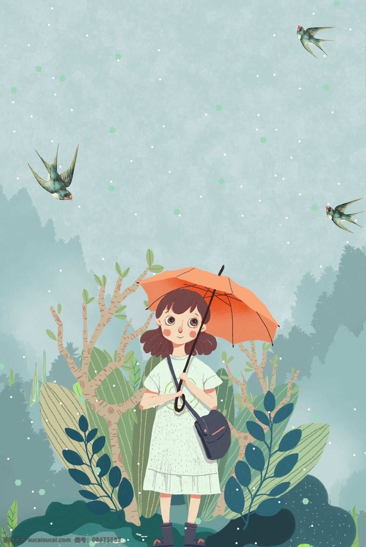 手绘 插 画风 节气 惊蛰 春天 雨水 海报 插画风 24节气 二十四