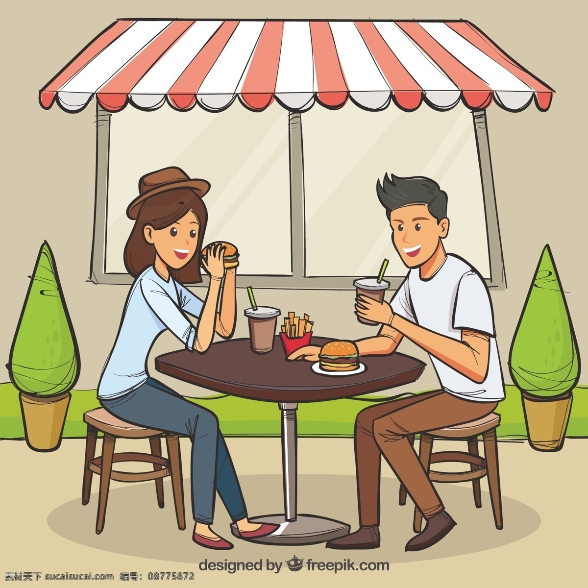 手绘 年轻 夫妇 户外 吃 汉堡 食物 人 手 餐馆 男人 卡通 桌子 葡萄酒 微笑 快乐 房间 情侣 饮料 快餐 帽子 绘画 现代 晚餐