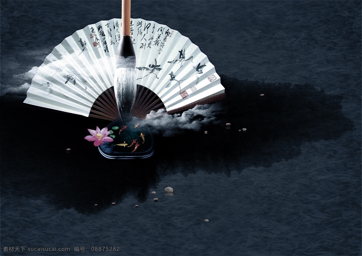 中国风 折扇 毛笔 砚台 鱼 石头 墨迹 云彩 荷花 文房四宝 底纹