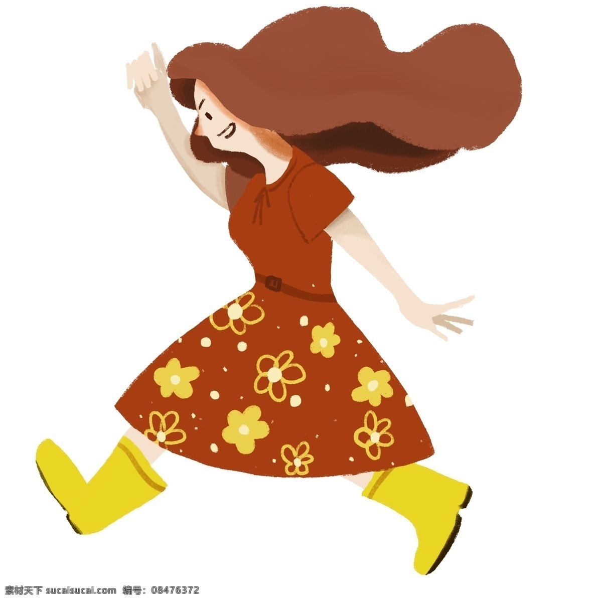 披 长发 穿着 花 裙子 奔跑 的卡 通 女孩 跑步 棕色头发 黄色靴子 狂奔
