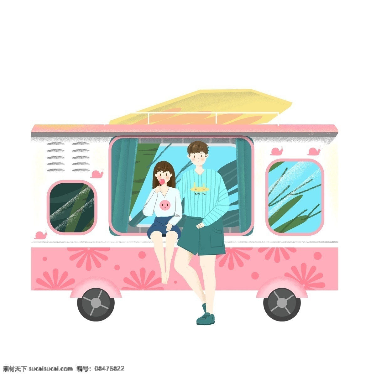 卡通 小 清新 情侣 人物 插画 小清新 自驾游 春游 旅行 男孩 女孩