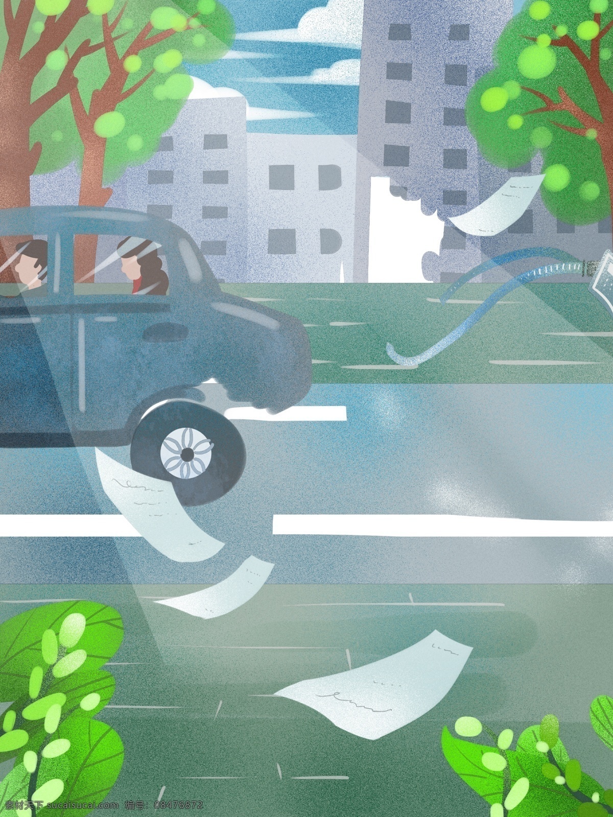 手绘 春季 绿叶 汽车 背景 环境保护 春天 纸张 广告背景 彩绘背景 特邀背景 促销背景 背景展板图