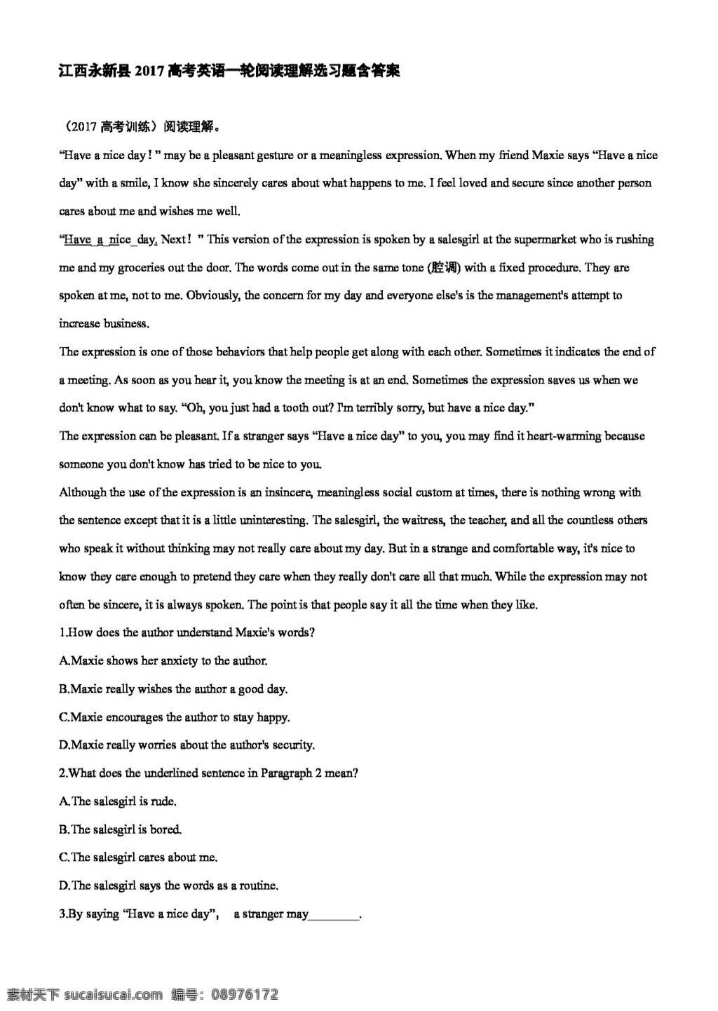 高考 专区 英语 江西 永新县 一轮 阅读理解 选 习题 含 答案 高考专区 人教版 试卷